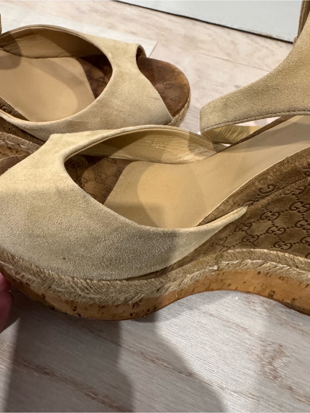 Gucci Tan Suede Wedge Sandals with Ankle Strap - Picture 10 of 10